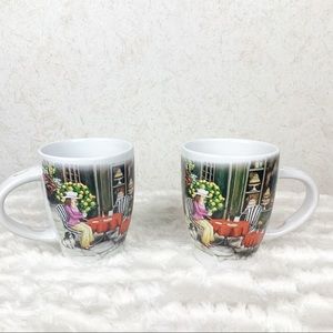Trisa 2 mugs outdoor cafe pastry shop woman & dog